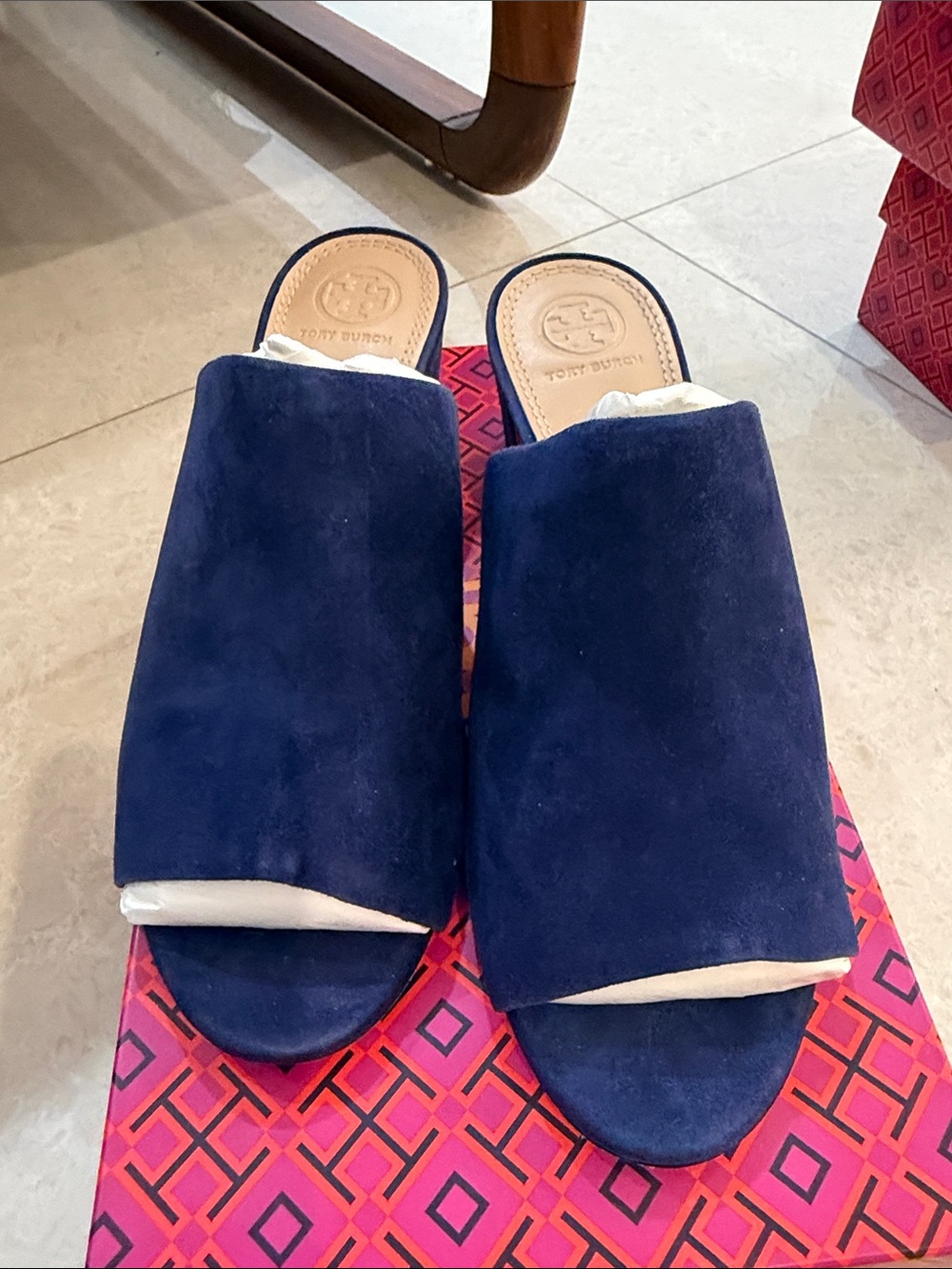 Tory Burch Navy Suede Slide Mules